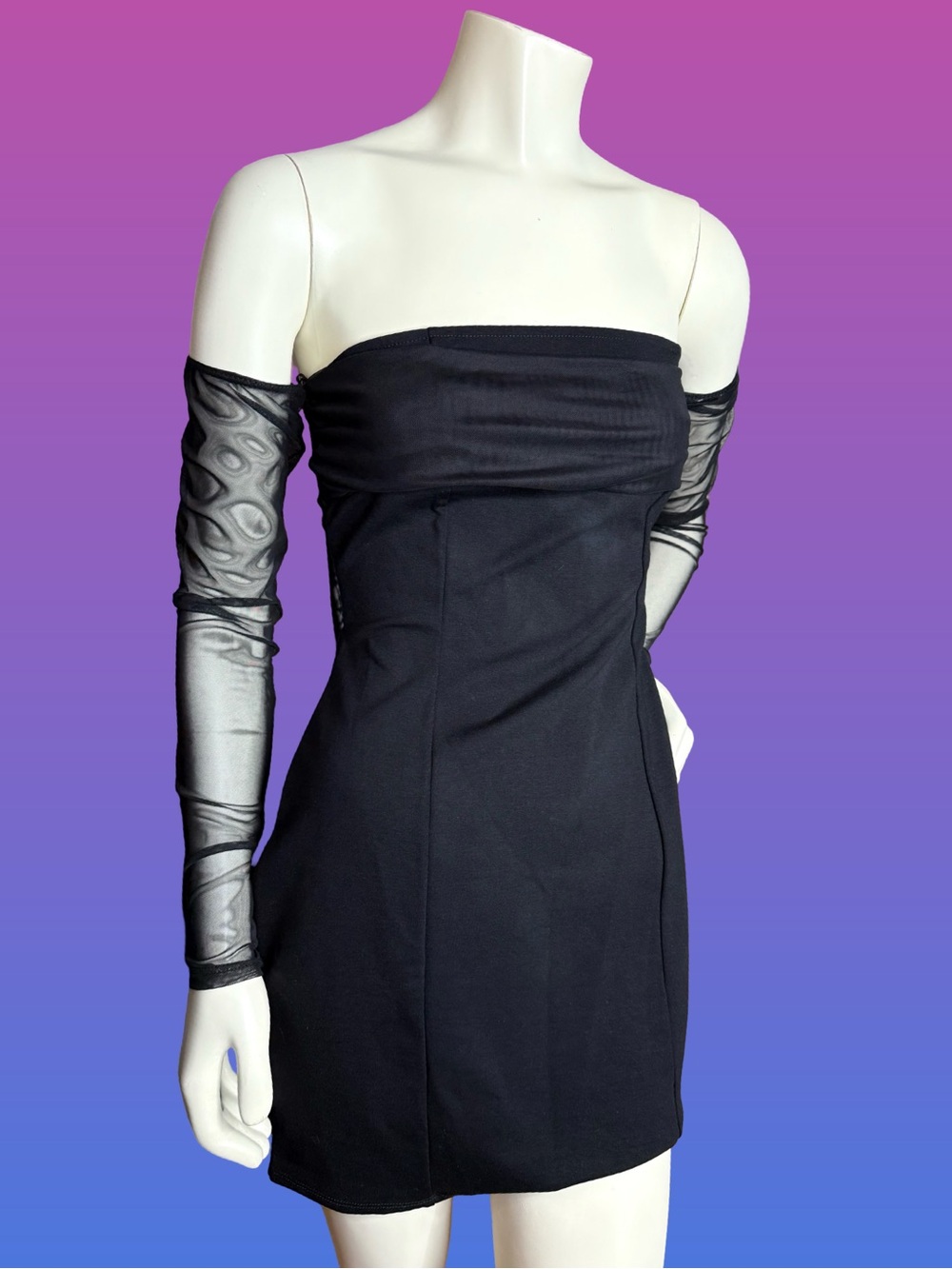 Urban Outfitters Black Strapless Off Shoulder Mini Dress with Sheer Sleeves